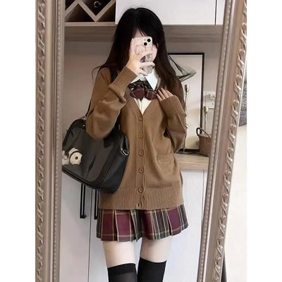Japanese fashion solid color V-neck knitted sweater,original newJK uniform cardigan top,autumn and winter women's cotton sweater - Smarsty