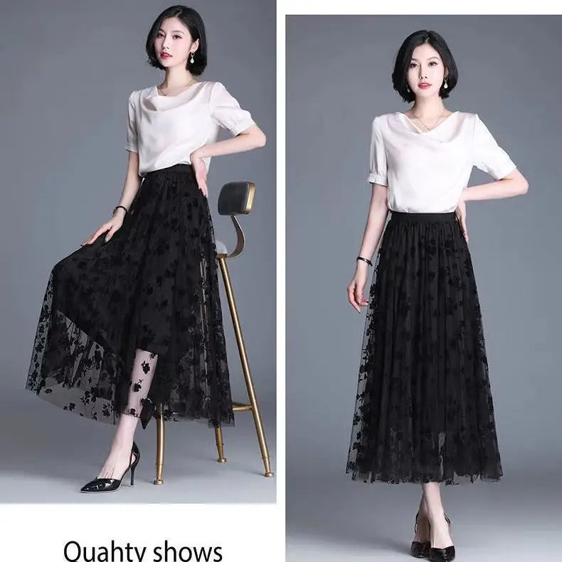 Korean Women Tulle Skirt Fashion Summer Hook Floral Loose Midi Skirt Elegant Female Casual All Match Mesh Skirts New - Smarsty