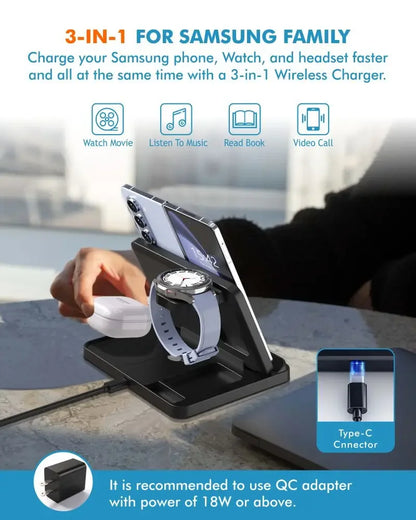 3 In 1 Wireless Charger Stand With Fast Charging Dock - Smarsty