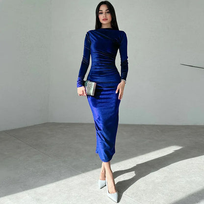 Dulzura 2024 Spring Summer Velvet Long Sleeve Midi Dress For Women Ruched Long Dress Elegant Party Clothes Evening Green Outfits - Smarsty