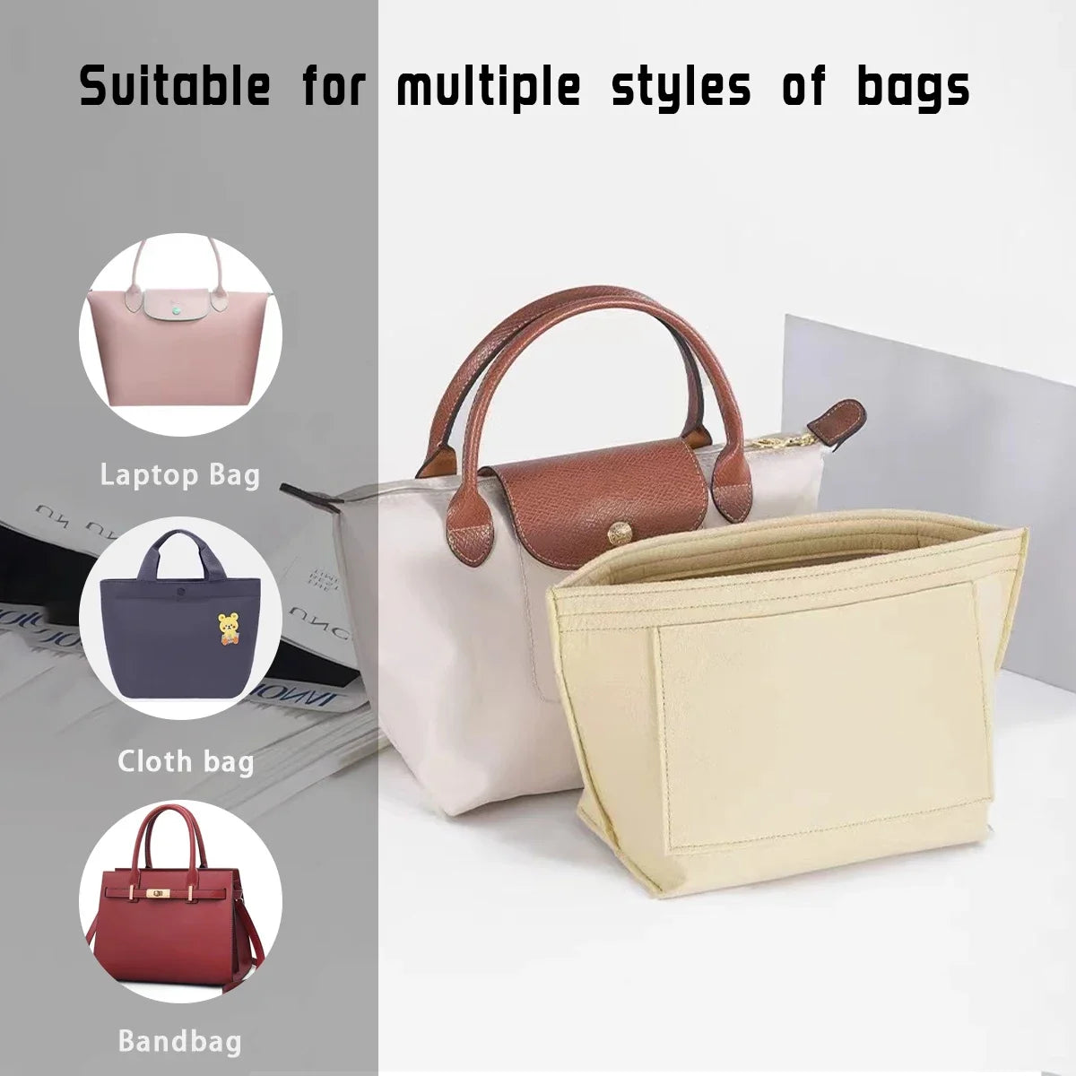 Lined Felt Cosmetic Bag Fits LongChamp Tote Storage - Smarsty
