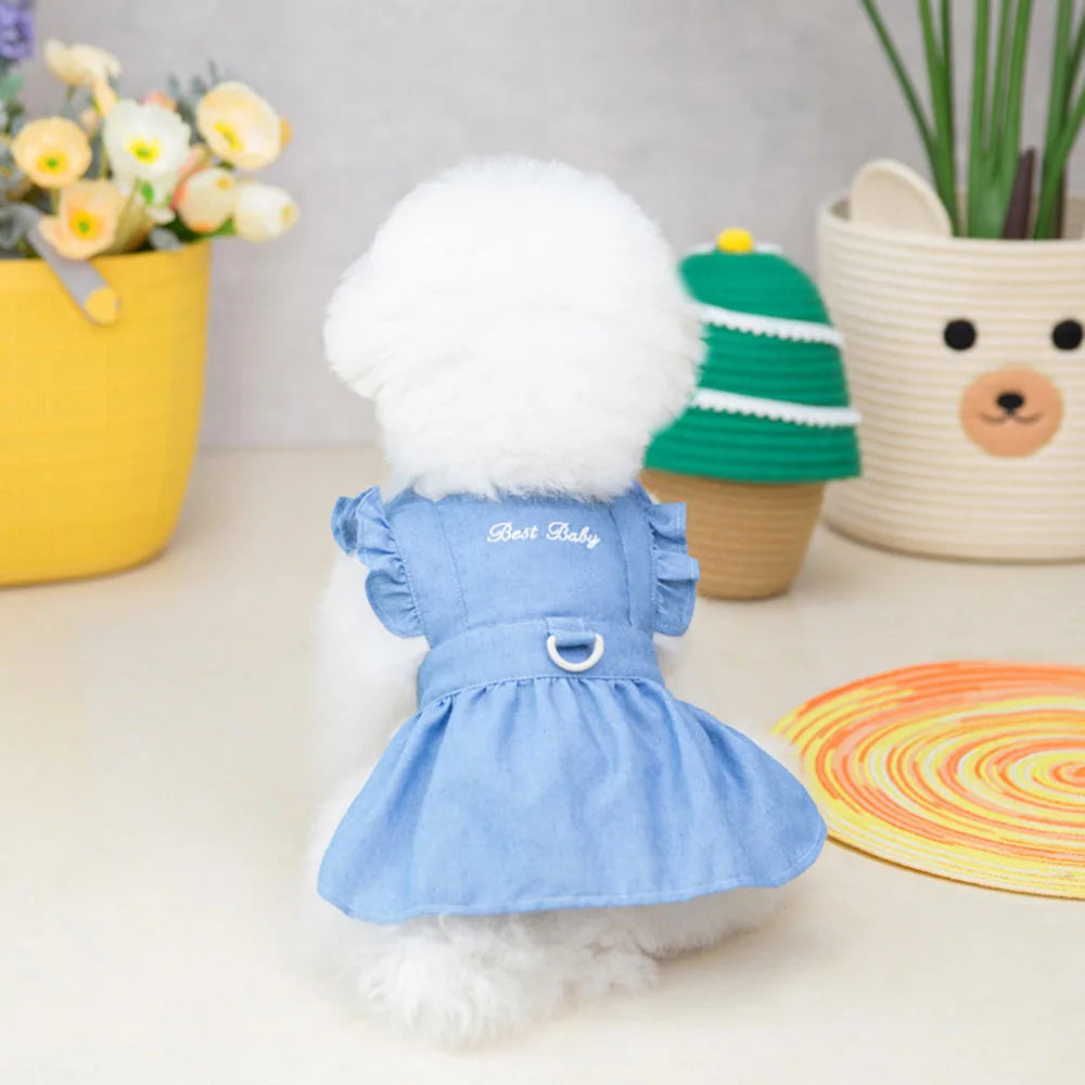 Cute Denim Dress for Small Dogs with Leash Ring - Smarsty