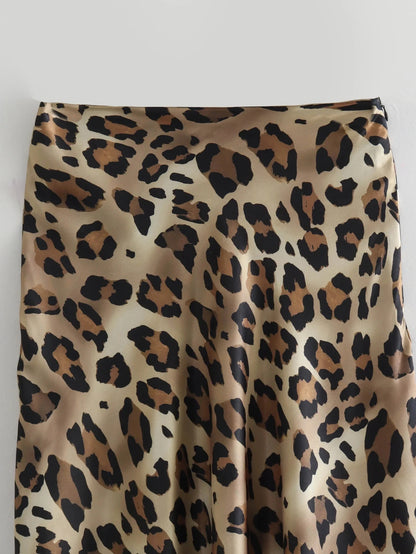 TRAFZA 2024 Women Fashion Leopard Print Skirt Vintage High Waist Midi Skirts Elegant Women Summer Casual Streetwear Skirt - Smarsty