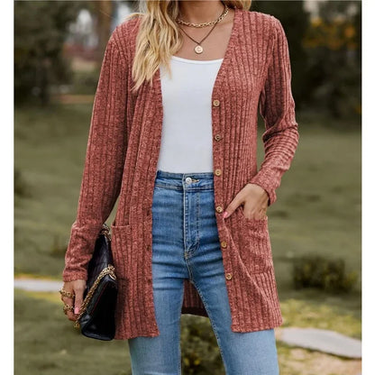 Autumn New Women's Milled Pit Stripe V-Neck Solid Colour Button Long Sleeve Ladies Casual Extensions Cardigan Jacket Coat - Smarsty