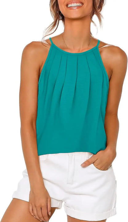 Womens Pleated Tank Tops Spaghetti Strap Camisole Halter Tops Curved Hem Fashion 2024