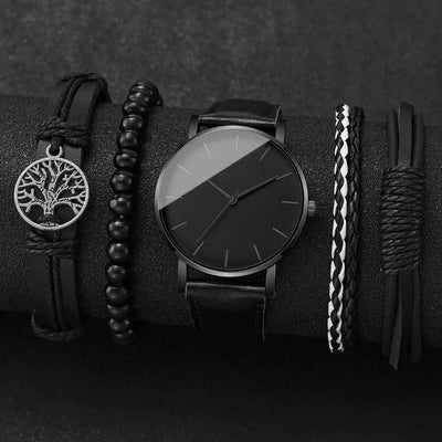 Fashion Leather Strap Men Quartz Watch Set - Smarsty