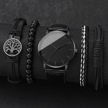 Fashion Leather Strap Men Quartz Watch Set - Smarsty