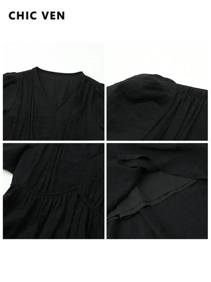 CHIC VEN Women Dresses French Style Vintage V-neck Puff Sleeve Long Dress Solid Black Loose Female Clothing Summer New 2023 - Smarsty