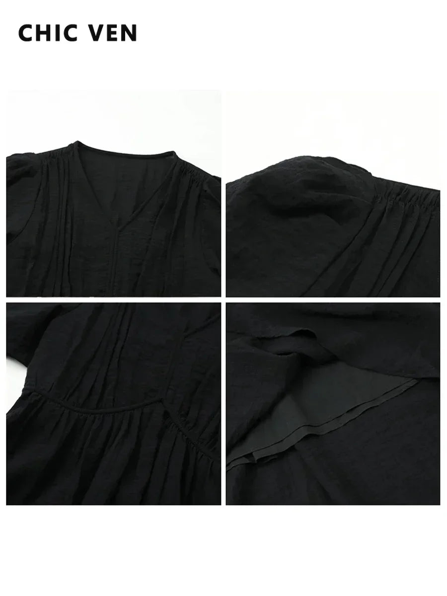CHIC VEN Women Dresses French Style Vintage V-neck Puff Sleeve Long Dress Solid Black Loose Female Clothing Summer New 2023 - Smarsty