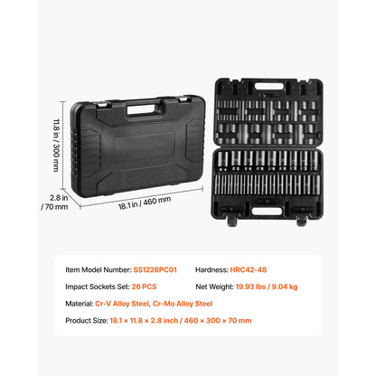 SucceBuy 26/65PCs US Plus Drive Impact Socket Set Deep Standard Socket Set SAE Metric 6 Point CR-V Cr-Mo Alloy Steel Auto Repair