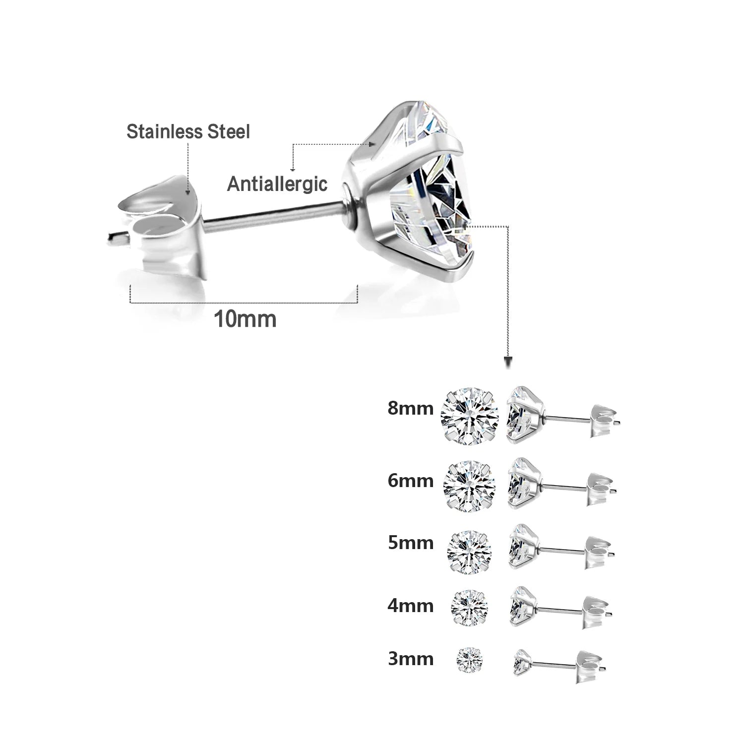 Stainless Steel Cubic Zirconia Stud Earrings Screw Back - Smarsty