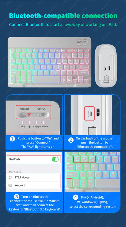 Wireless Tablet Keyboard with Rainbow Backlit for iPad