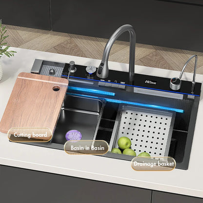 Large Stainless Steel Kitchen Sink with Digital Faucet Display - Smarsty