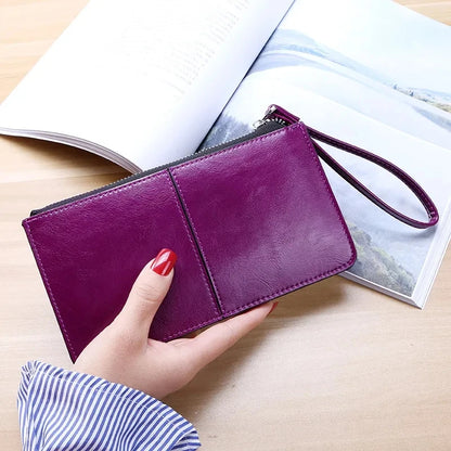 Women's Vintage Oil Wax PU Leather Clutch Wallet Female Large Capacity Phone Purse Ladies Wristband Simple Card Holder Pouch Bag