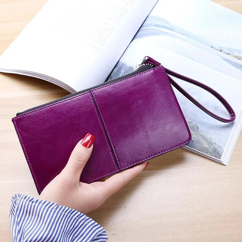 Women's Vintage Oil Wax PU Leather Clutch Wallet Female Large Capacity Phone Purse Ladies Wristband Simple Card Holder Pouch Bag