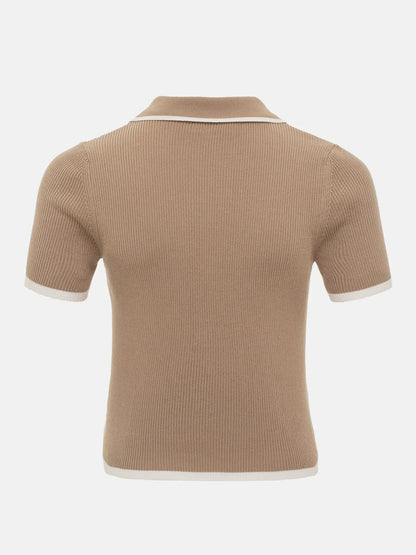 Talenza Women's Knitted Pullover Fashion Short Sleeve Patchwork Sweater Top Elegant Slim Contrast Lapel Knitted Pullover Top - Smarsty