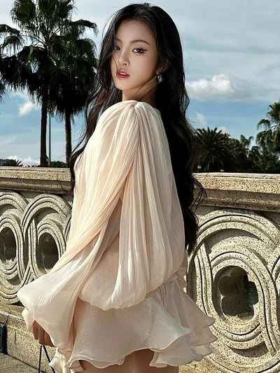 TWOTWINSTYLE Elegant Ruched Mini Dress For Women Round Neck Lantern Long Sleeve High Waist Temperament Dresses Female Fashion - Smarsty