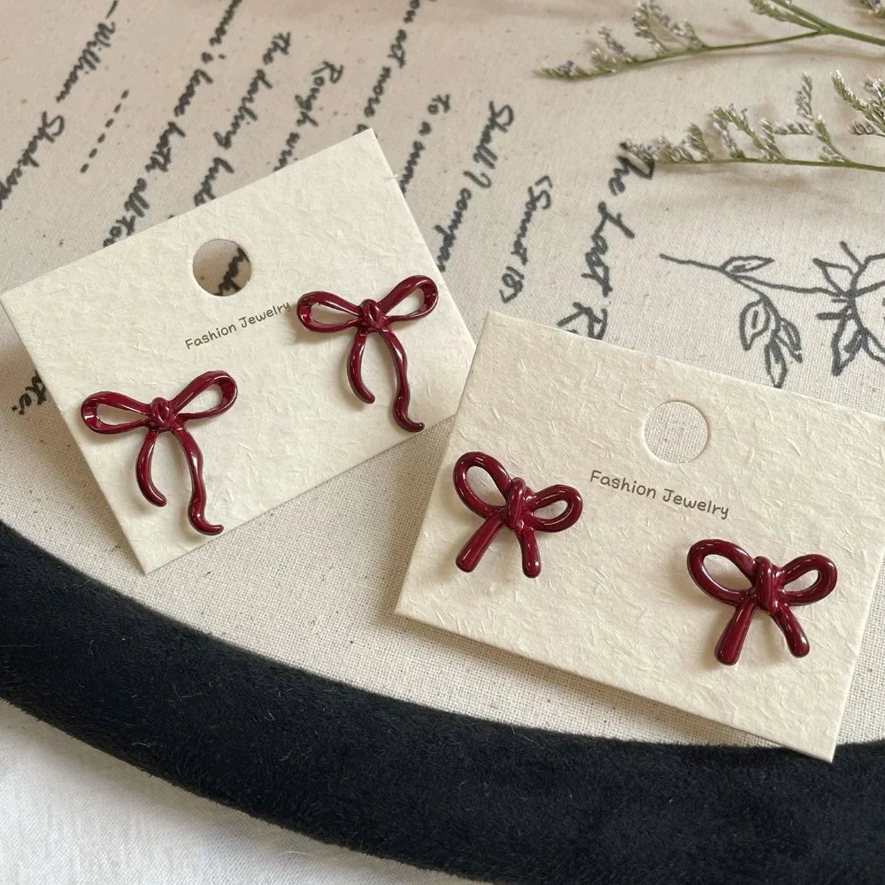 Retro Red Bow Stud Earrings For Women Elegant Lightweight - Smarsty