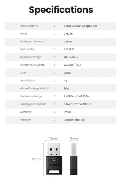 USB Bluetooth Adapter, Bluetooth 6.0 Dongle for PC Windows 11/10/8.1, Bluetooth Receiver & Transmitter for Keyboard/Mouse - Smarsty