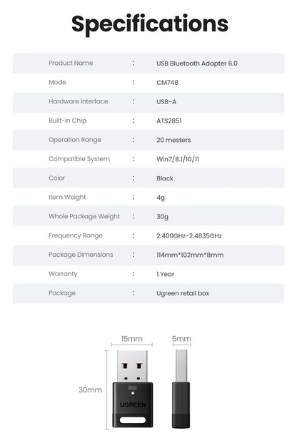 USB Bluetooth Adapter, Bluetooth 6.0 Dongle for PC Windows 11/10/8.1, Bluetooth Receiver & Transmitter for Keyboard/Mouse - Smarsty