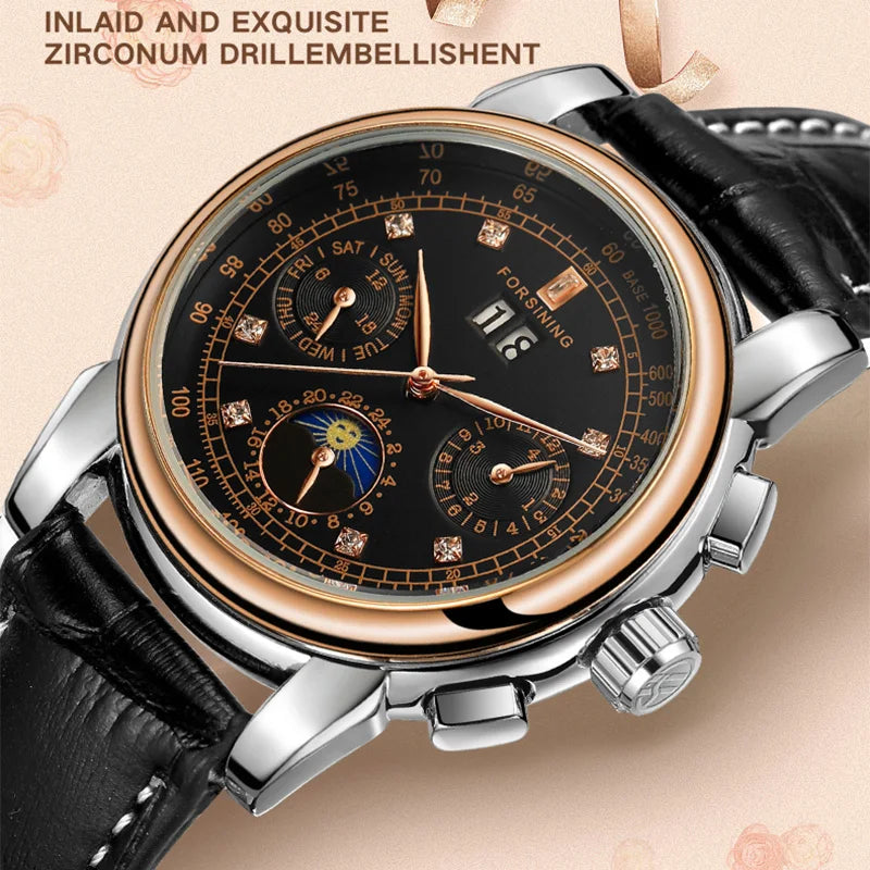 Luxury Women's Automatic Mechanical Wrist Watch with Diamond Moon Phase - Smarsty