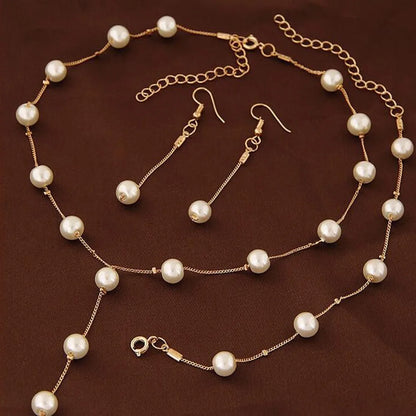 Gold Tone Necklace Earrings Bracelet Set With Tassel Pearls - Smarsty