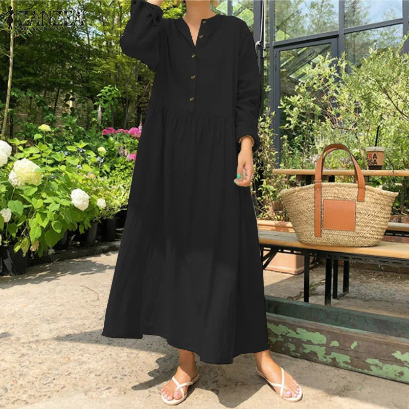 Women's Elegant Solid Cotton Robe Femme 2022 Spring Autumn Bohemian Maxi Dress ZANZEA Casual Long Sleeve Shirt Dresses Oversized - Smarsty