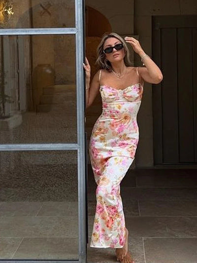 Suninheart Summer Spaghetti Strap Floral Print Party Dresses Elegant Maxi Bodycon Wedding Guest Holiday Dress New In Dress 2023 - Smarsty