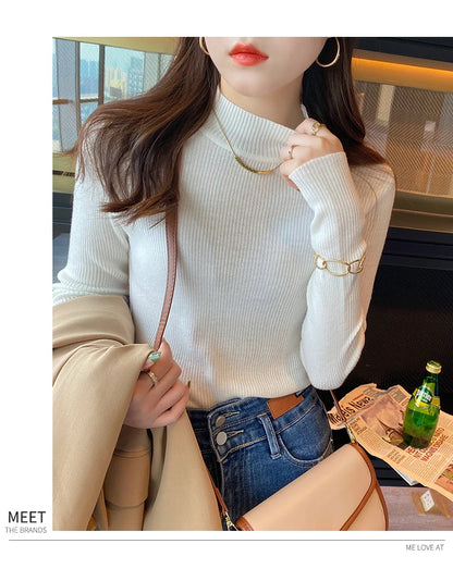 Autumn Winter Mock Neck Women Sweater Vintage Basic Solid Knitted Korean Tops Casual Slim Pullover Sweaters Simple Chic Jumpers - Smarsty