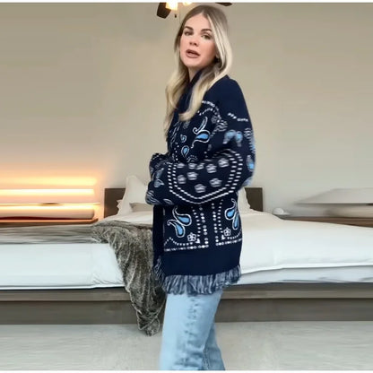 Tassel Patchwork Printed Cardigan Women Geometric Patterns Belts V-neck Long Sleeve Knitted Street Lady Sweater 2025 Autumn Coat - Smarsty