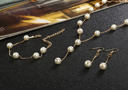 Gold Tone Necklace Earrings Bracelet Set With Tassel Pearls - Smarsty