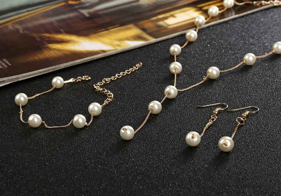 Gold Tone Necklace Earrings Bracelet Set With Tassel Pearls - Smarsty