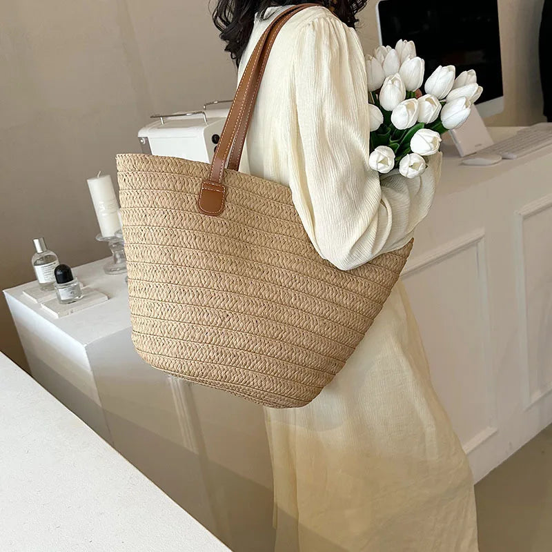 Large Capacity Straw Beach Tote Woven Shoulder Bag Summer - Smarsty