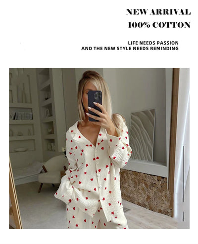 Summer New Love Heart Print Pyjama 100% Cotton Long Sleeve Set 2Pcs Outfit Lapel Sleepwear Button Down Women's Pajamas Nightwear - Smarsty