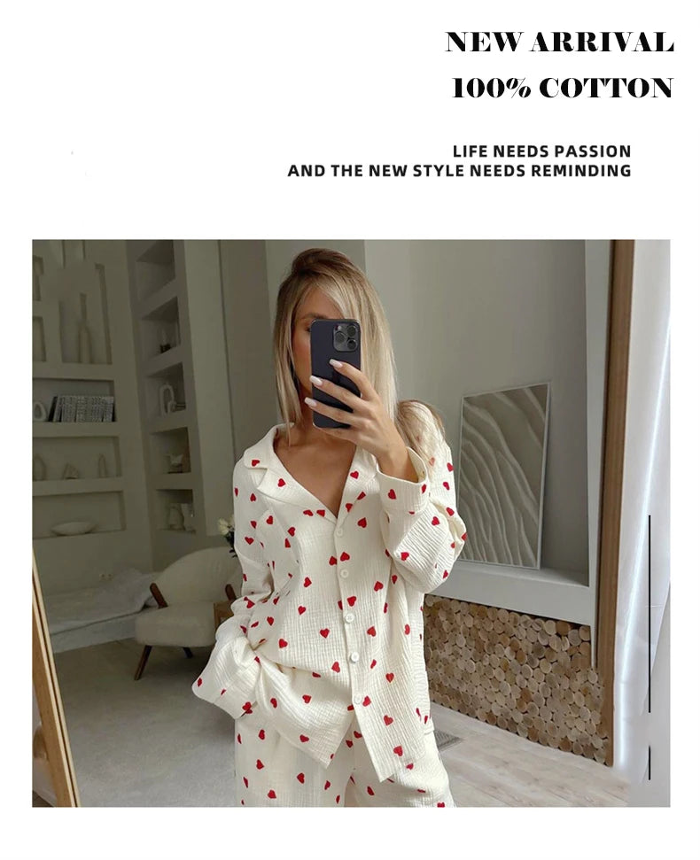 Summer New Love Heart Print Pyjama 100% Cotton Long Sleeve Set 2Pcs Outfit Lapel Sleepwear Button Down Women's Pajamas Nightwear - Smarsty