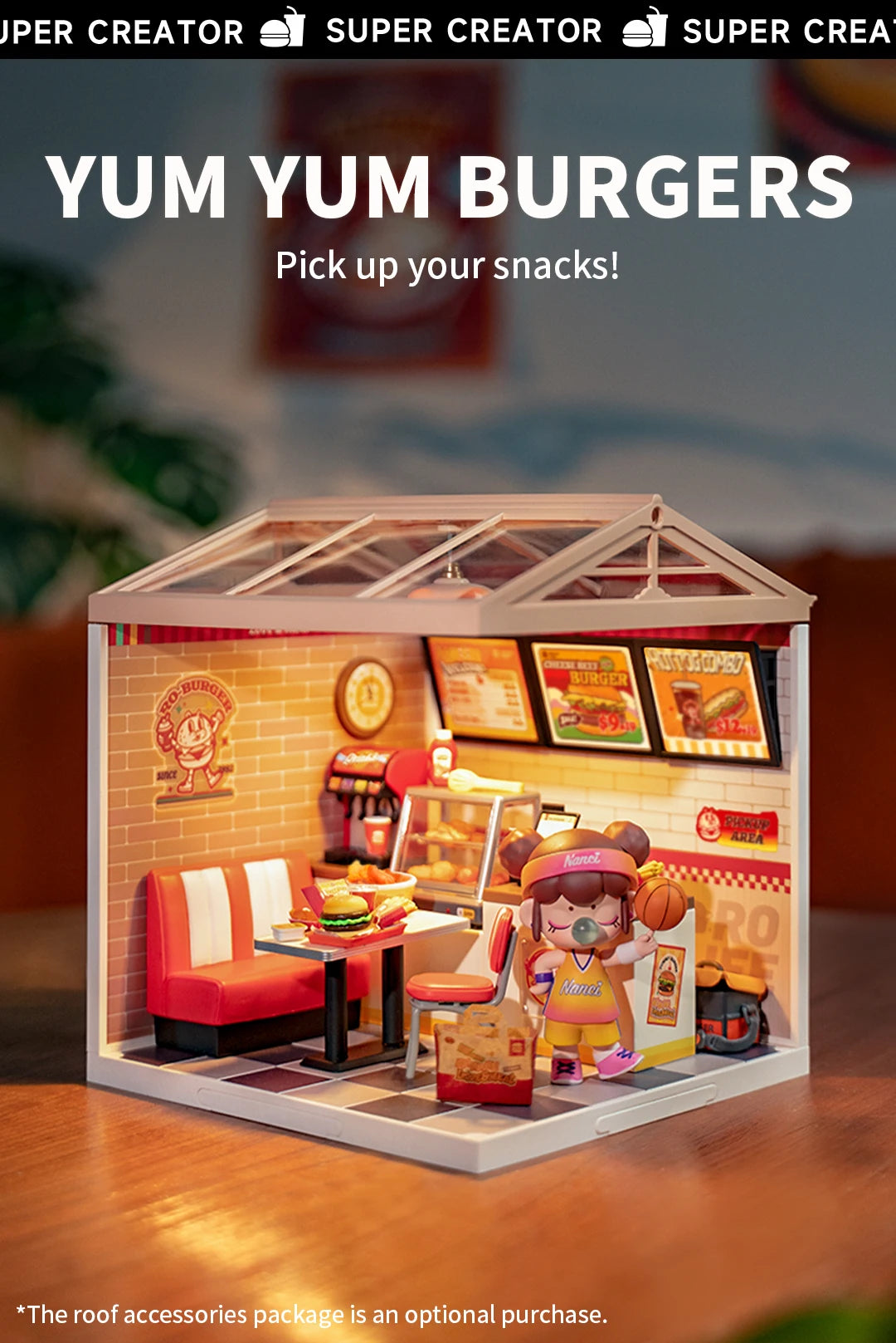 Robotime Rolife Super Creator Series Plastic Dollhouse Building Blocks for Kids Yum Burgers Leisurely Cheers Bar Sweet Sips Tea