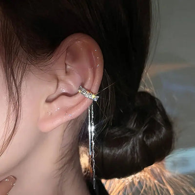 Shiny Silver Crystal Tassel Non-Piercing Ear Clip Earrings - Smarsty