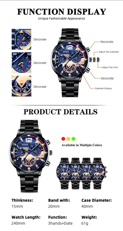 Luxury Mens Stainless Steel Quartz Watch with Calendar - Smarsty