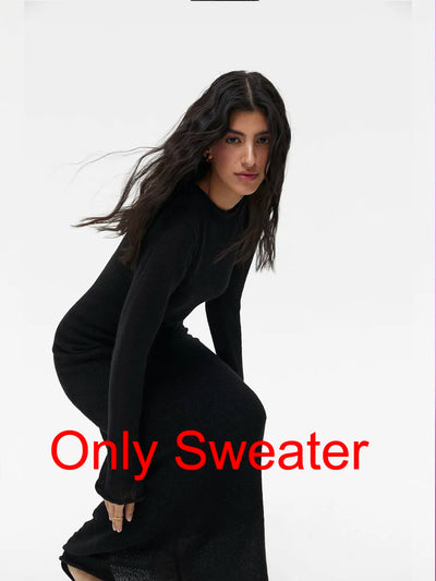 Hirsionsan Spring Autumn O-Neck Elastic Knit Long Dresses Women 2024 Elegant Chic Soft Lady Hollowing Sweater Dresses Femme New - Smarsty