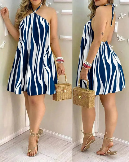 Tropical Print Halter Neck Dress, Vacation Style Backless Dress For Spring & Summer, Women's Clothing - Smarsty