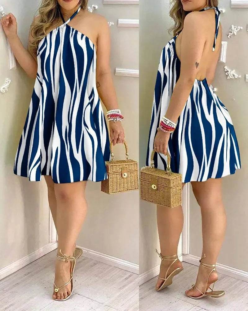 Tropical Print Halter Neck Dress, Vacation Style Backless Dress For Spring & Summer, Women's Clothing - Smarsty