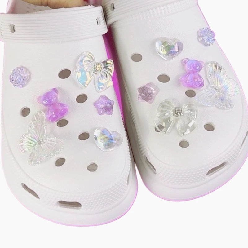 12PCS Fashion Shoe Charms Set Accessories Hole Shoe Buckle Transparent Butterfly Bear Crystal Heart DIY 3D Shoes Decorations