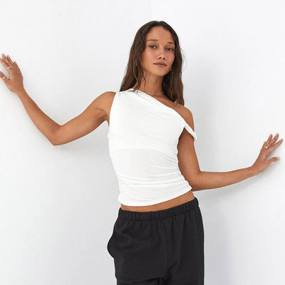 Simple Basic Casual Summer Tank Top Sleeveless Solid Color Off Shoulder Side Ruched Crop Tops Vestidos Spring Women T S - Smarsty