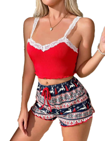 Women Pajama Set Lace Patchwork V-Neck Sleepwear Sexy Nighties Suit Camisole Top Printed Shorts Soft Pyjamas Loungewear - Smarsty