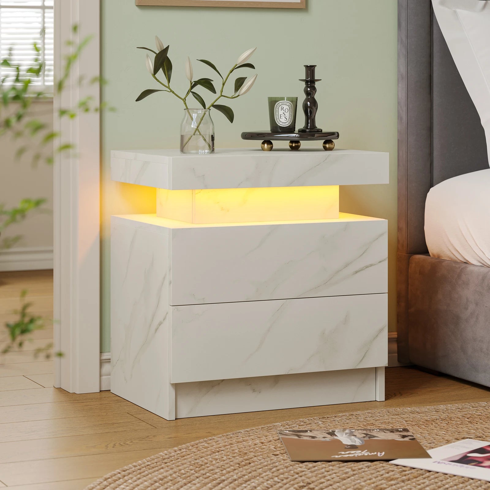 Cubehom LED Nightstands with 2 Drawers, End Table with RGB LED Lights for Bedroom Living Room, White Bedside Table