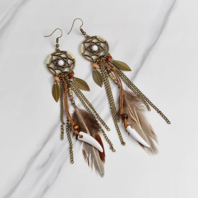 Boho Vintage Dream Catcher Earrings with Long Tassels for Women - Smarsty