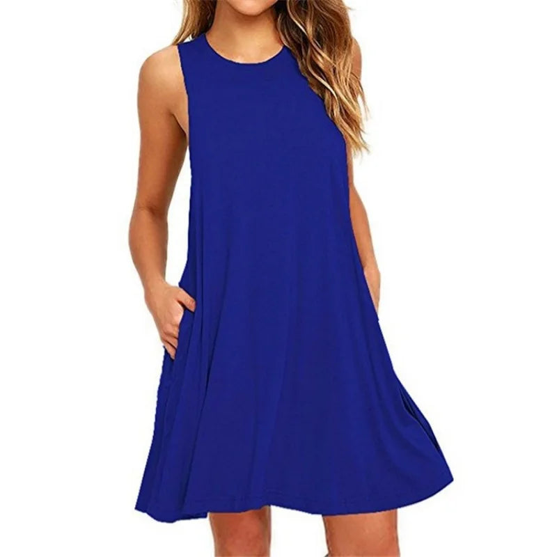 Women's Dress Summer Casual T Shirt Dresses Beach Cover up Plain Pleated Tank Pockets Dress - Smarsty