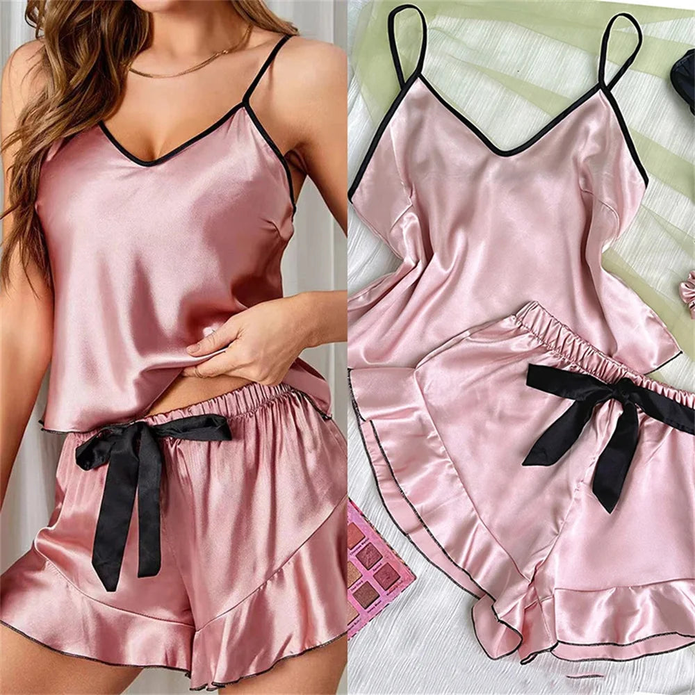 Women's Smooth Satin Pajamas V-Neck T-Shirt Ruffled Edges And Bow Shorts Simple And Breathable Pajama Set Sling Home Clothing - Smarsty