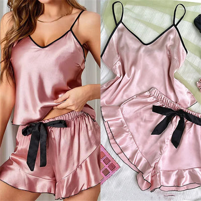 Women's Smooth Satin Pajamas V-Neck T-Shirt Ruffled Edges And Bow Shorts Simple And Breathable Pajama Set Sling Home Clothing - Smarsty