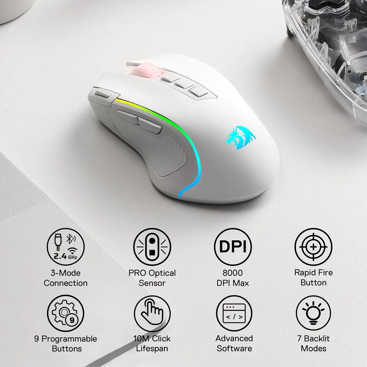 Redragon M612 PRO RGB 8000 DPI Wired/Wireless 9 Programmable Buttons 6 Backlit Modes Gaming Mouse, White